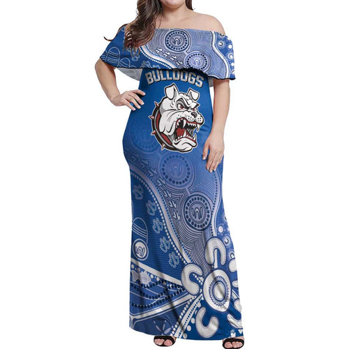 Bulldogs 100-year Anniversary Off Shoulder Maxi Dress Simple Aboriginal Motif - Aussie Hoodie