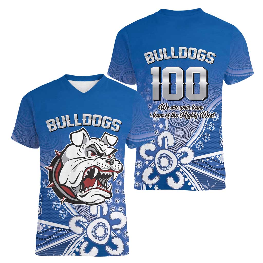 Bulldogs 100-year Anniversary Women V-Neck T-Shirt Simple Aboriginal Motif - Aussie Hoodie