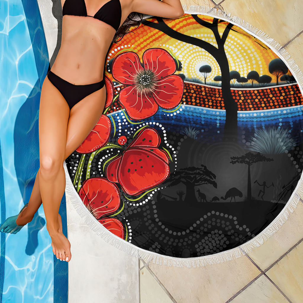 ANZAC Day Australia Poppy Flower Beach Blanket Aboriginal Style