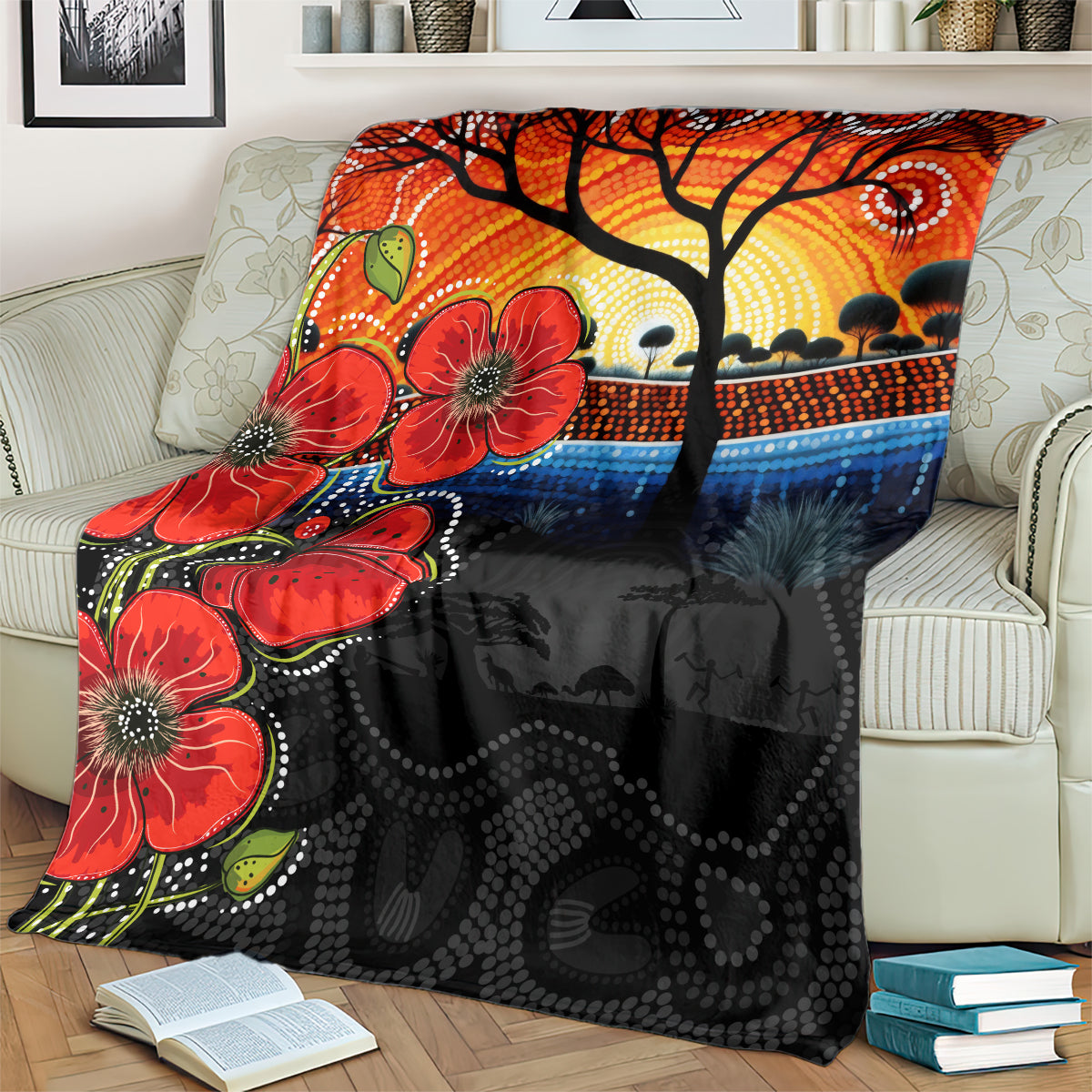ANZAC Day Australia Poppy Flower Blanket Aboriginal Style