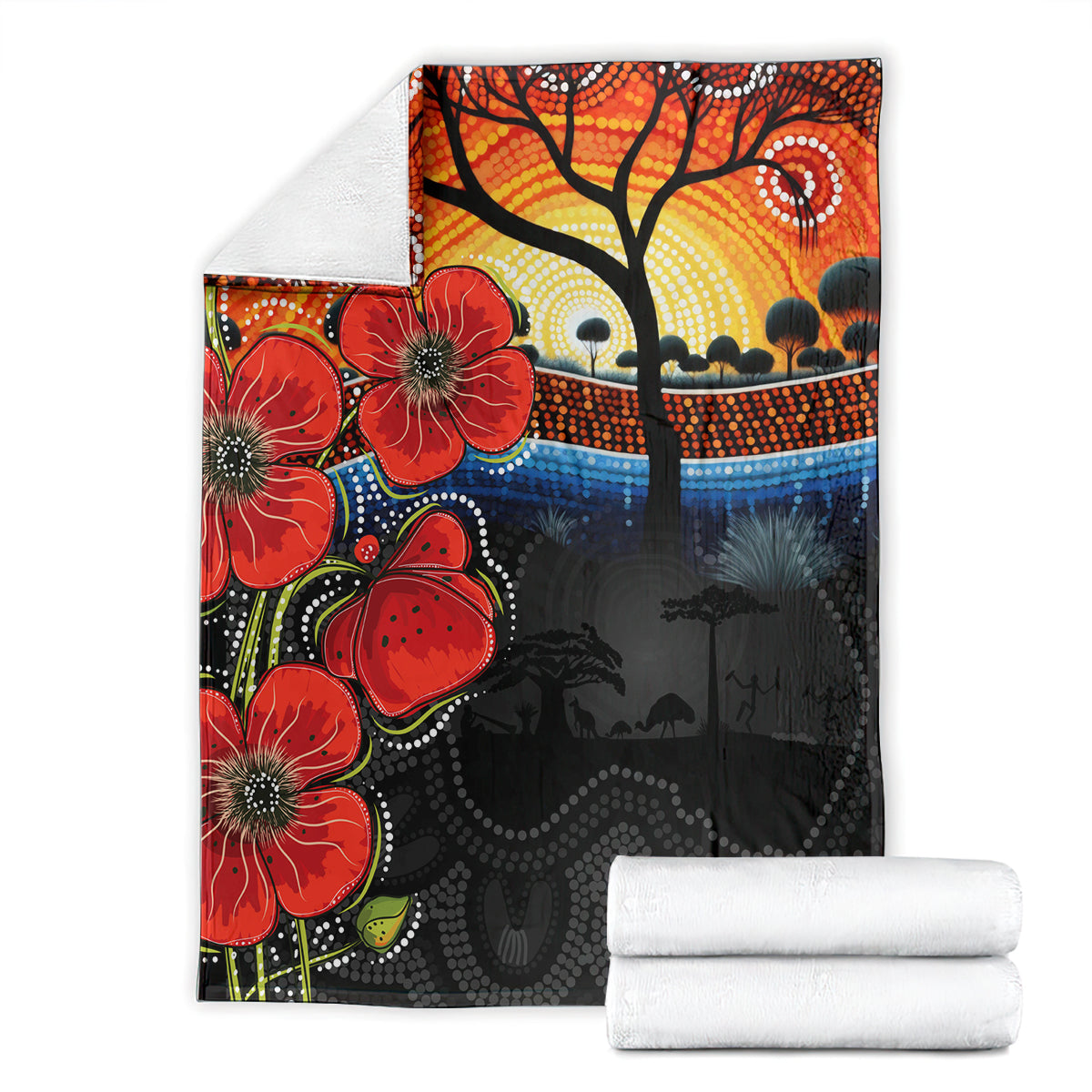ANZAC Day Australia Poppy Flower Blanket Aboriginal Style
