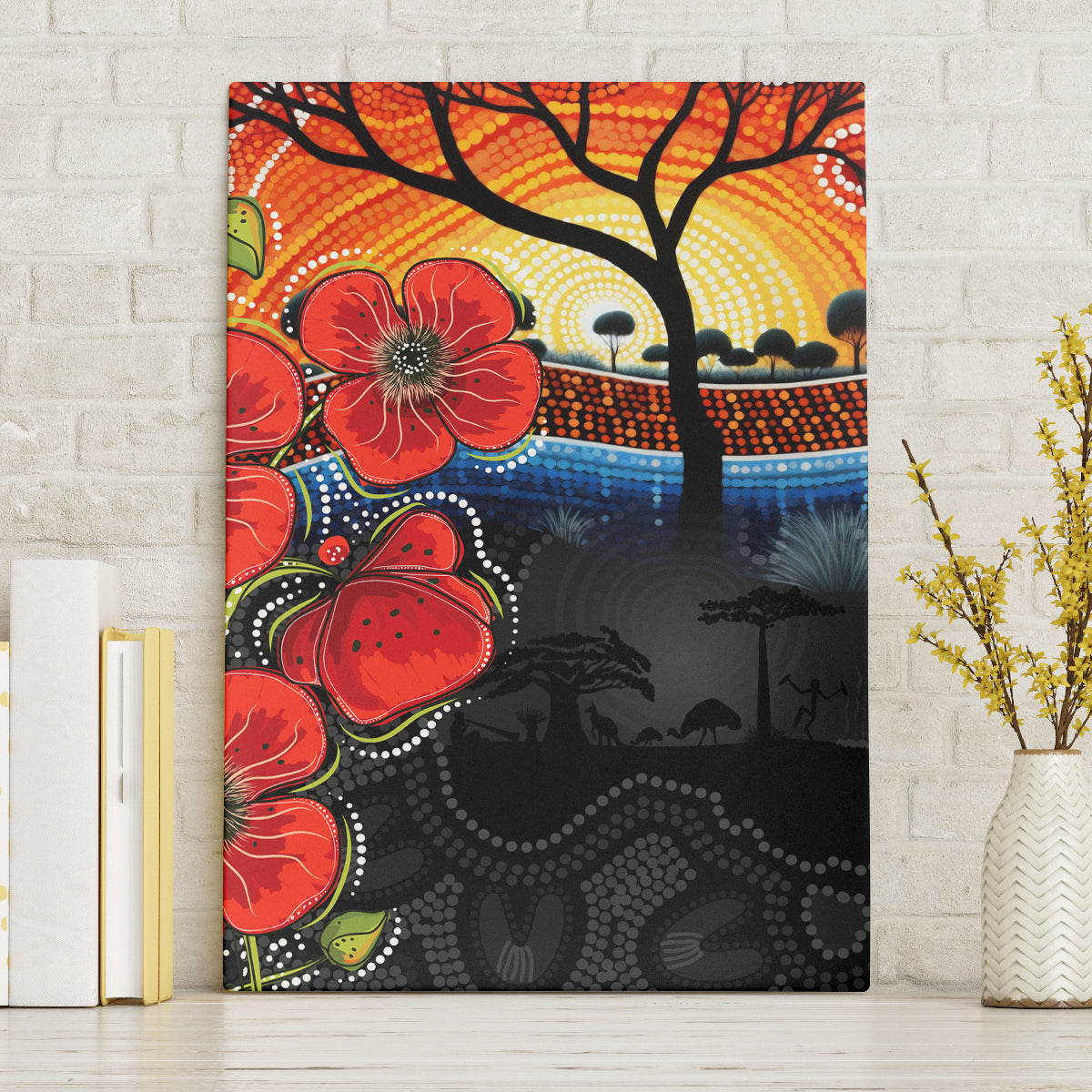 ANZAC Day Australia Poppy Flower Canvas Wall Art Aboriginal Style