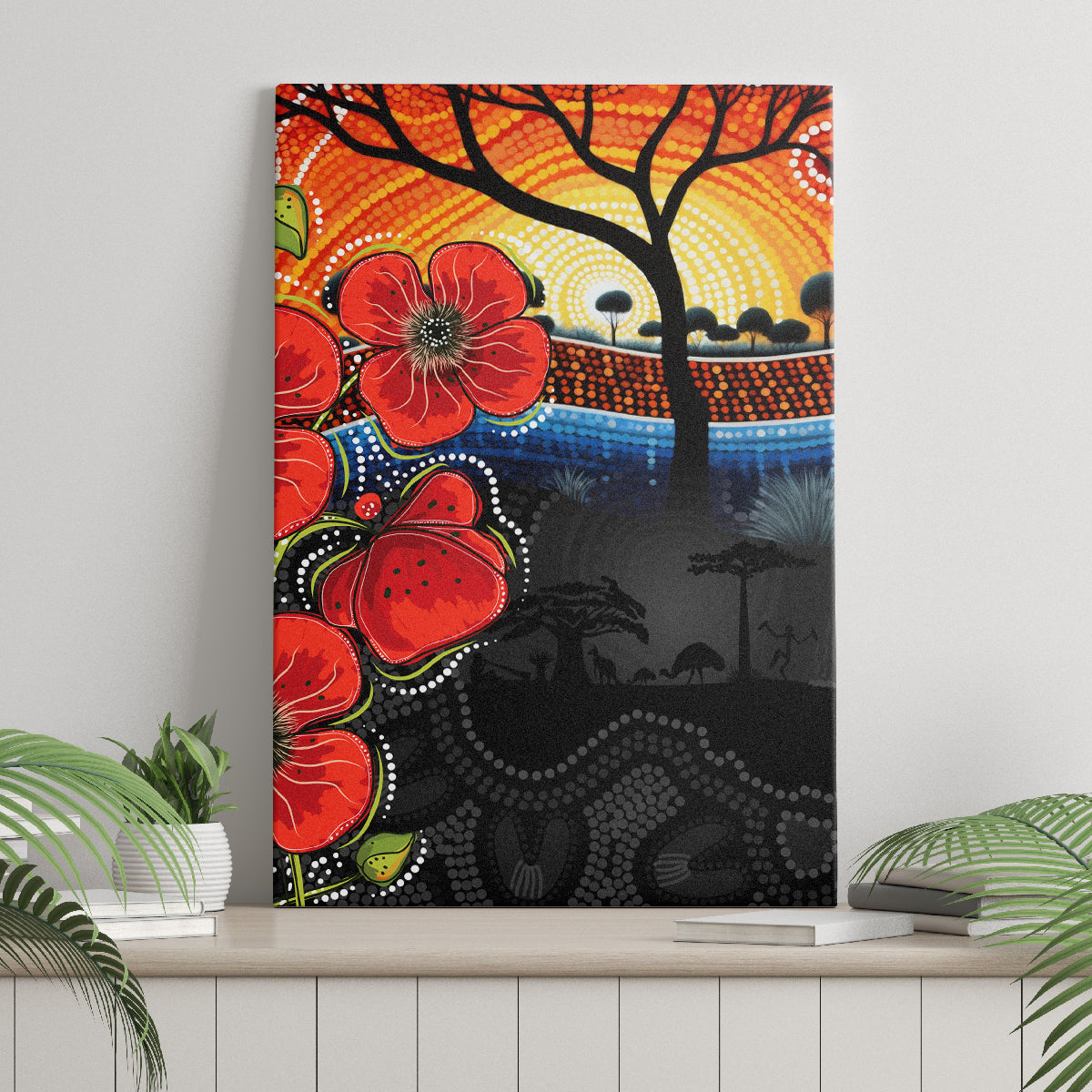 ANZAC Day Australia Poppy Flower Canvas Wall Art Aboriginal Style