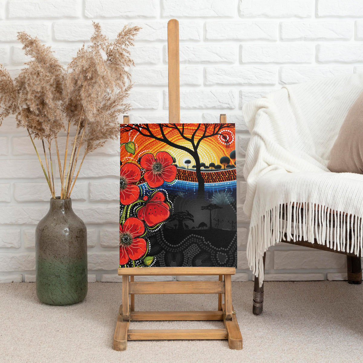 ANZAC Day Australia Poppy Flower Canvas Wall Art Aboriginal Style