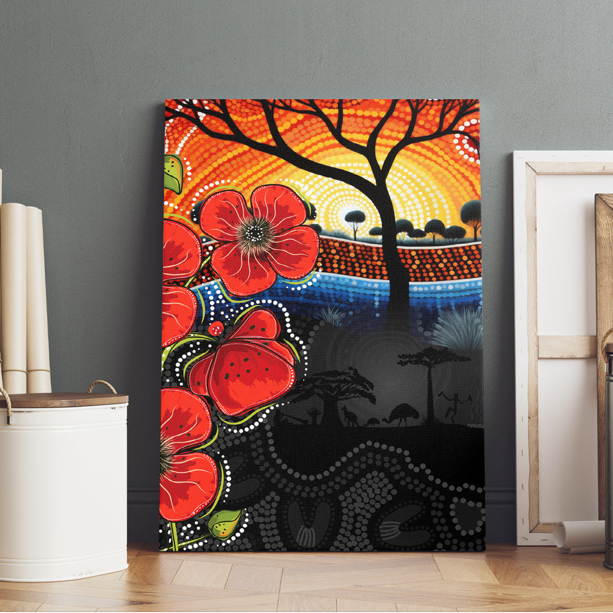 ANZAC Day Australia Poppy Flower Canvas Wall Art Aboriginal Style