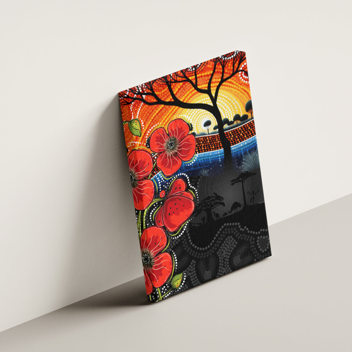 ANZAC Day Australia Poppy Flower Canvas Wall Art Aboriginal Style