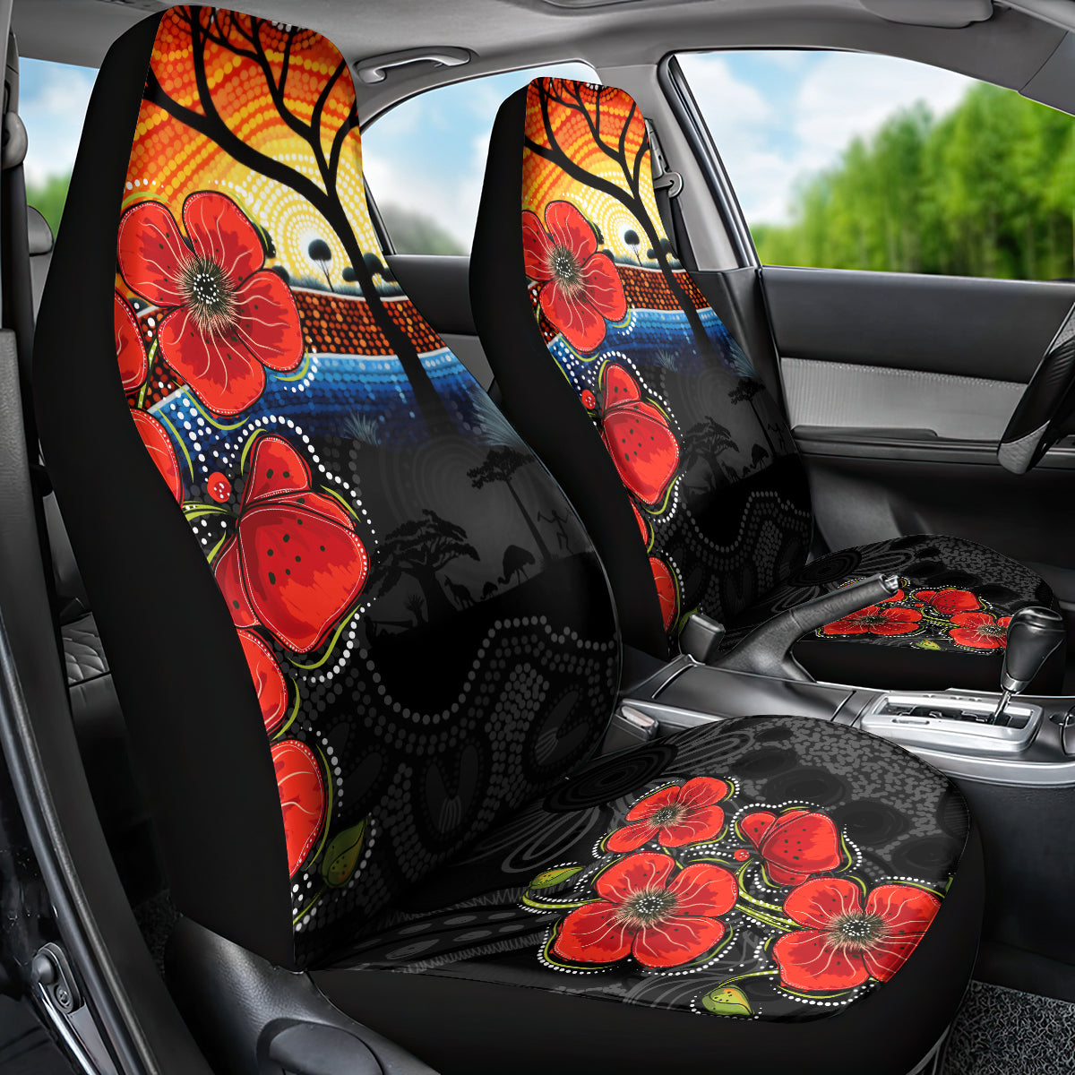 ANZAC Day Australia Poppy Flower Car Seat Cover Aboriginal Style