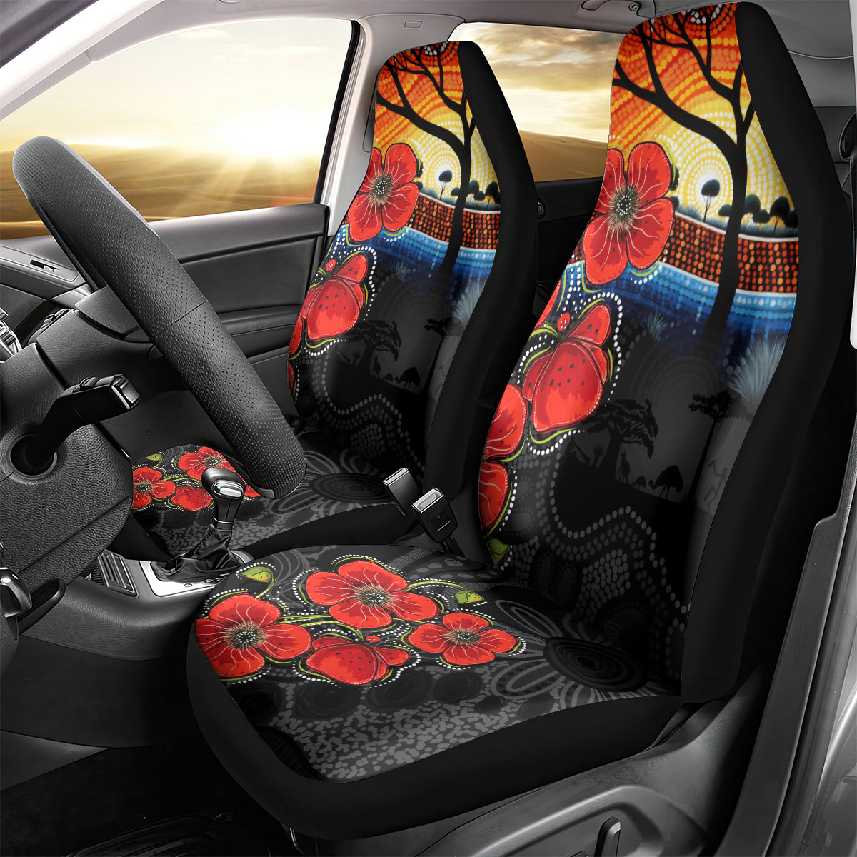 ANZAC Day Australia Poppy Flower Car Seat Cover Aboriginal Style