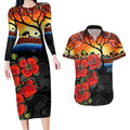 ANZAC Day Australia Poppy Flower Couples Matching Long Sleeve Bodycon Dress and Hawaiian Shirt Aboriginal Style