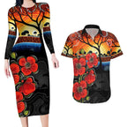 ANZAC Day Australia Poppy Flower Couples Matching Long Sleeve Bodycon Dress and Hawaiian Shirt Aboriginal Style