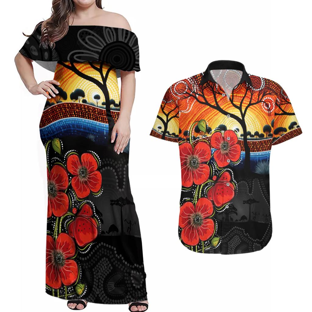 ANZAC Day Australia Poppy Flower Couples Matching Off Shoulder Maxi Dress and Hawaiian Shirt Aboriginal Style