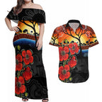 ANZAC Day Australia Poppy Flower Couples Matching Off Shoulder Maxi Dress and Hawaiian Shirt Aboriginal Style