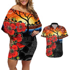 ANZAC Day Australia Poppy Flower Couples Matching Off Shoulder Short Dress and Hawaiian Shirt Aboriginal Style