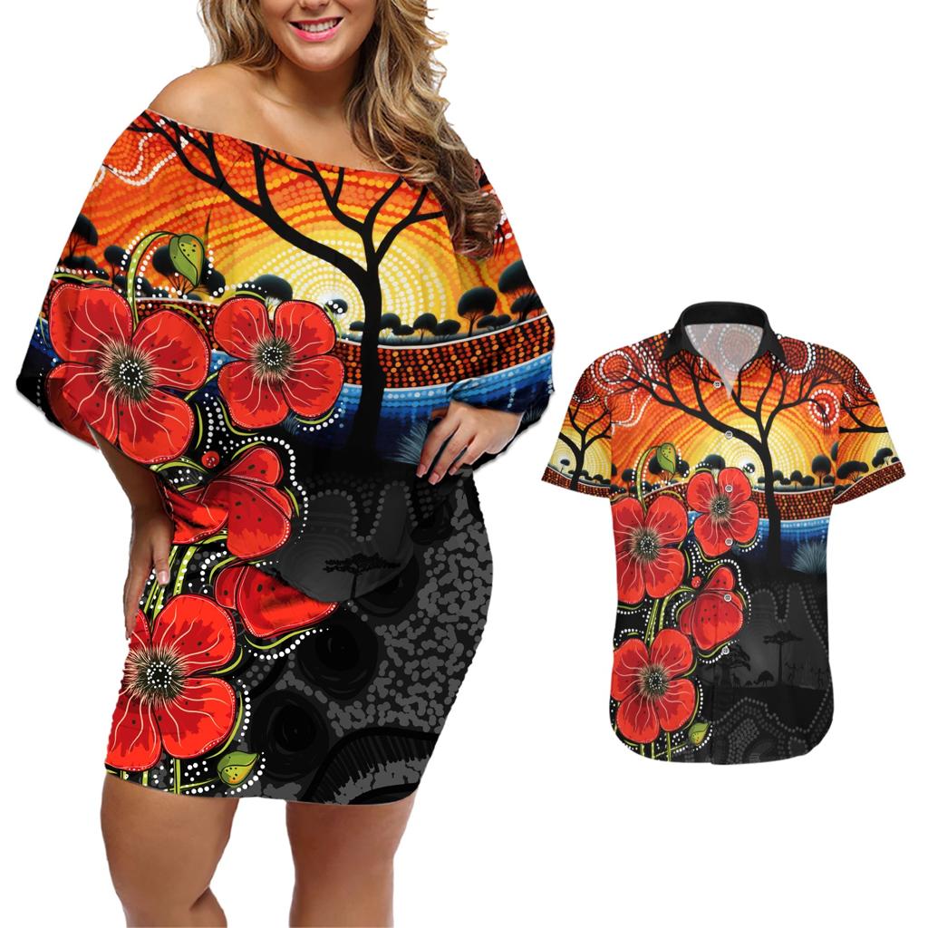 ANZAC Day Australia Poppy Flower Couples Matching Off Shoulder Short Dress and Hawaiian Shirt Aboriginal Style