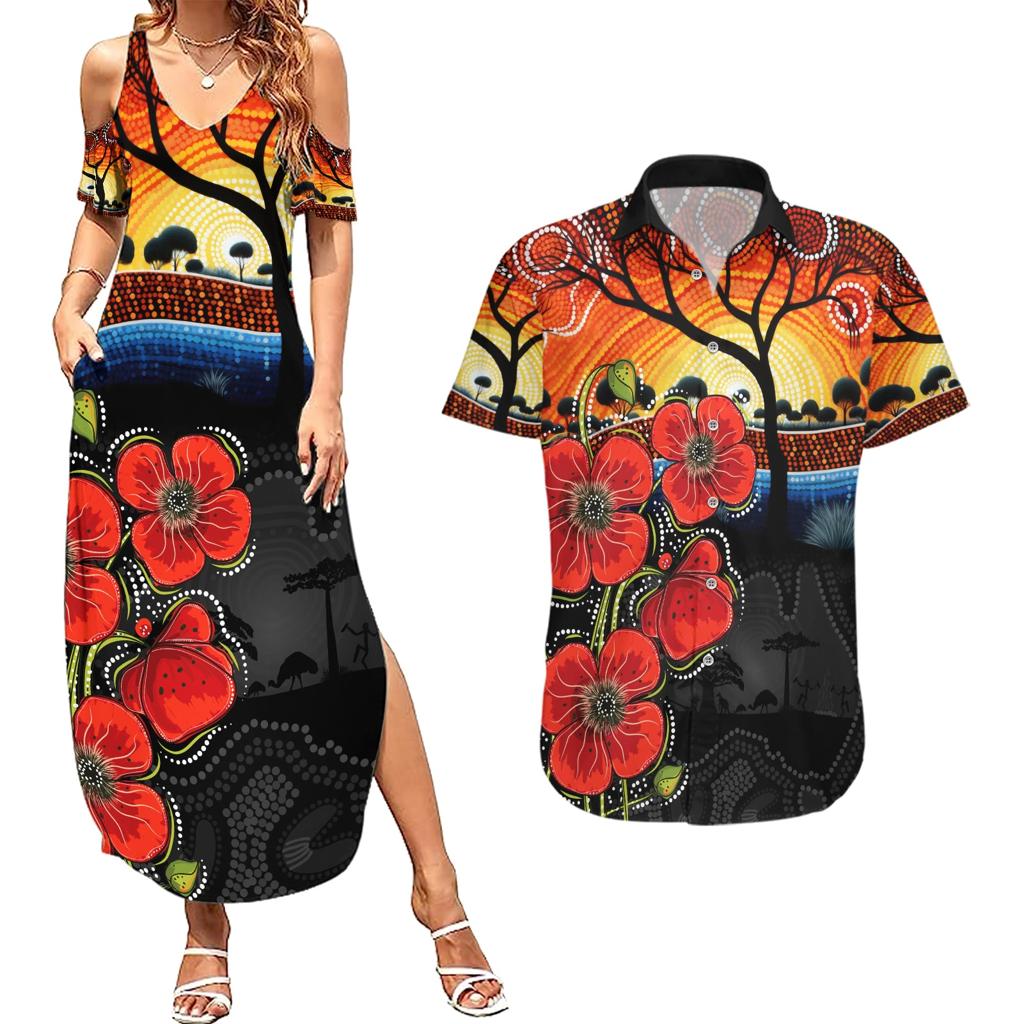 ANZAC Day Australia Poppy Flower Couples Matching Summer Maxi Dress and Hawaiian Shirt Aboriginal Style