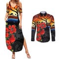 ANZAC Day Australia Poppy Flower Couples Matching Summer Maxi Dress and Long Sleeve Button Shirt Aboriginal Style