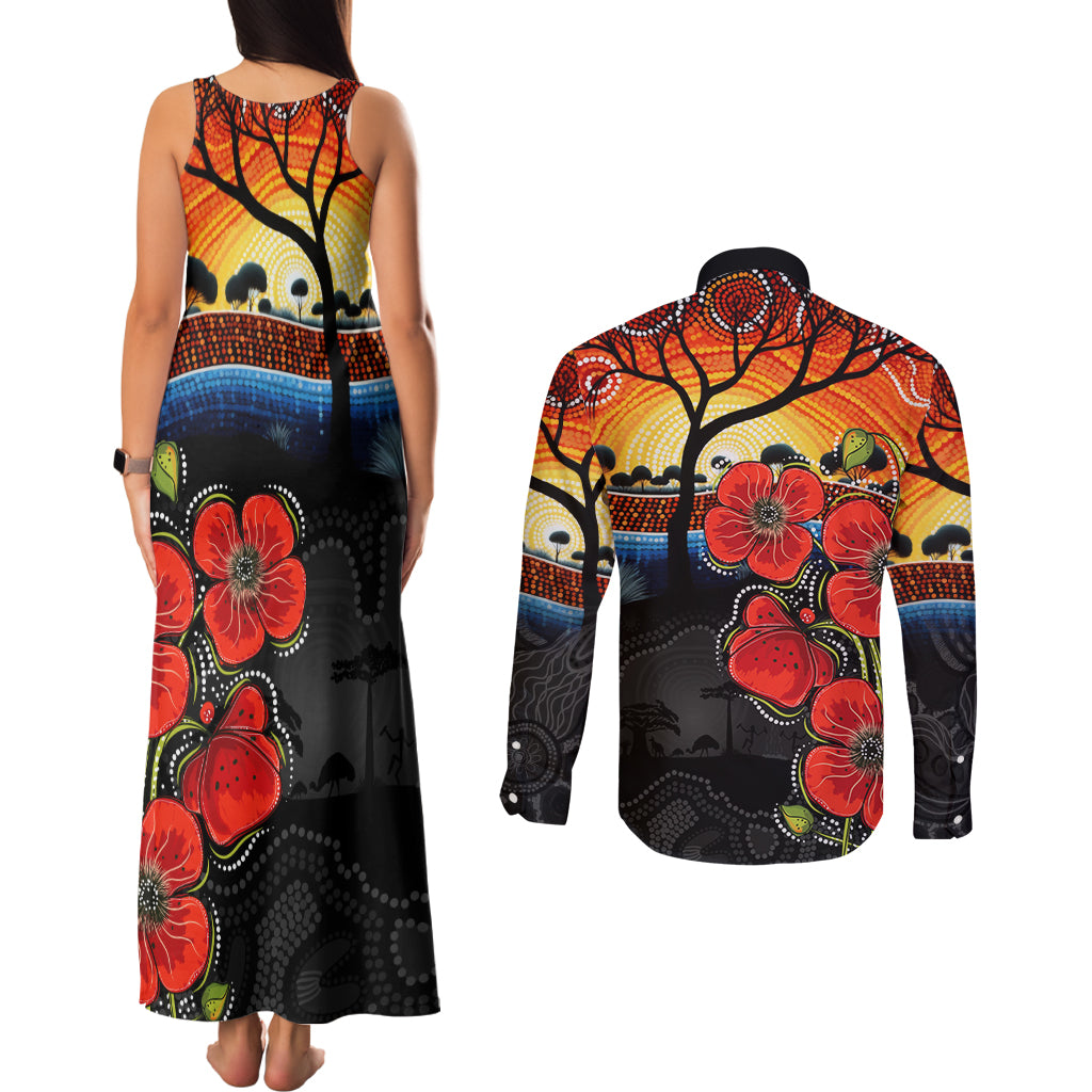 ANZAC Day Australia Poppy Flower Couples Matching Tank Maxi Dress and Long Sleeve Button Shirt Aboriginal Style