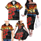 ANZAC Day Australia Poppy Flower Family Matching Off Shoulder Long Sleeve Dress and Hawaiian Shirt Aboriginal Style