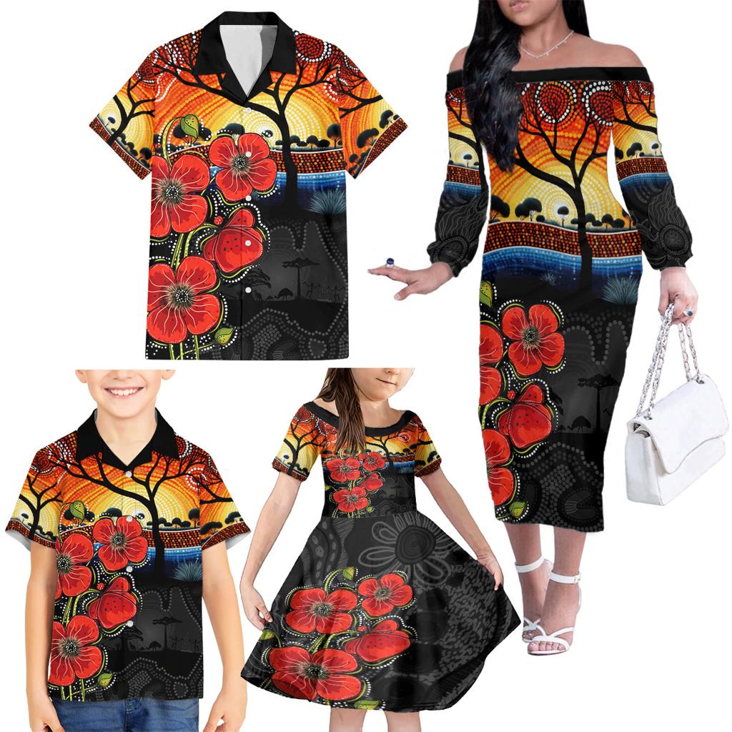 ANZAC Day Australia Poppy Flower Family Matching Off Shoulder Long Sleeve Dress and Hawaiian Shirt Aboriginal Style