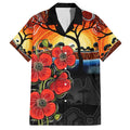 ANZAC Day Australia Poppy Flower Family Matching Off Shoulder Long Sleeve Dress and Hawaiian Shirt Aboriginal Style