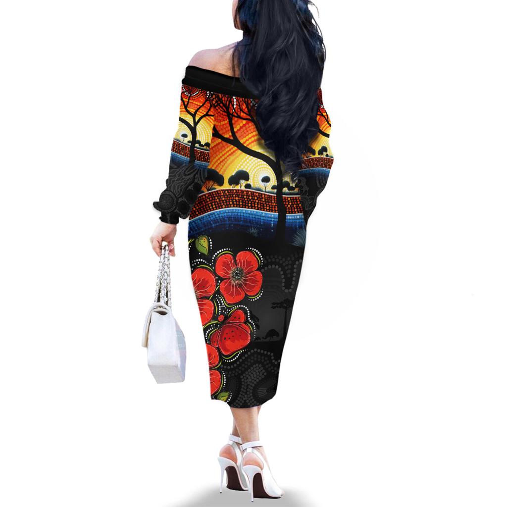 ANZAC Day Australia Poppy Flower Family Matching Off Shoulder Long Sleeve Dress and Hawaiian Shirt Aboriginal Style