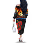 ANZAC Day Australia Poppy Flower Family Matching Off Shoulder Long Sleeve Dress and Hawaiian Shirt Aboriginal Style