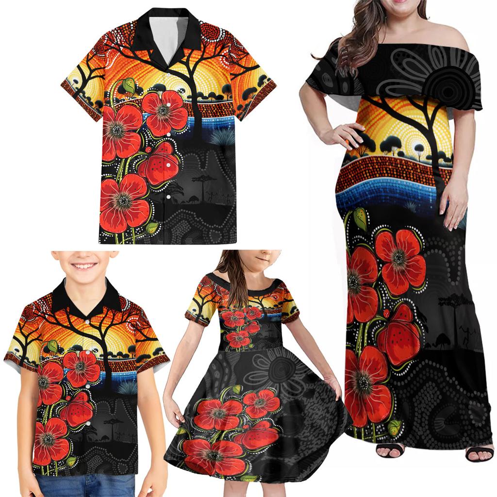 ANZAC Day Australia Poppy Flower Family Matching Off Shoulder Maxi Dress and Hawaiian Shirt Aboriginal Style