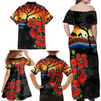 ANZAC Day Australia Poppy Flower Family Matching Off Shoulder Maxi Dress and Hawaiian Shirt Aboriginal Style