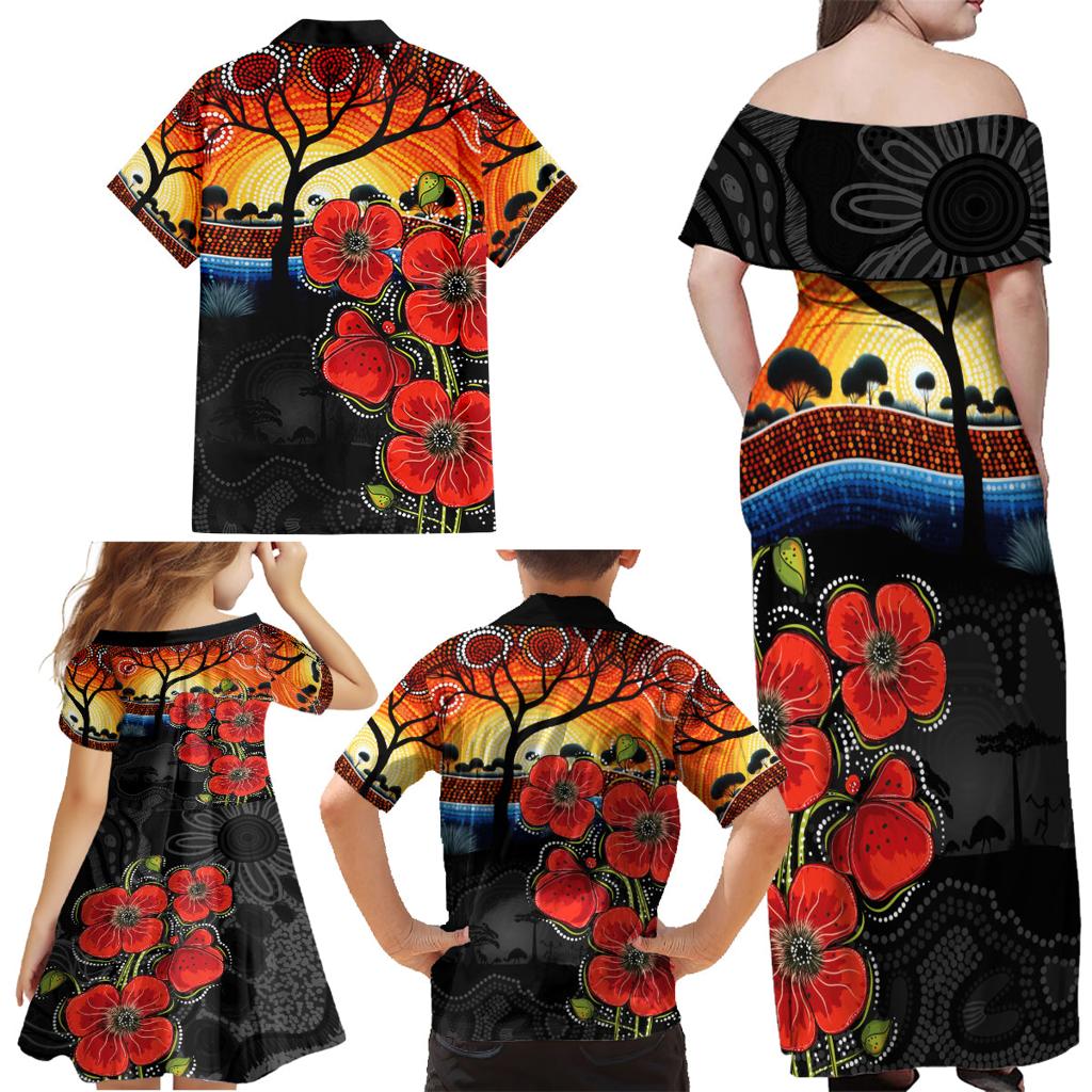 ANZAC Day Australia Poppy Flower Family Matching Off Shoulder Maxi Dress and Hawaiian Shirt Aboriginal Style