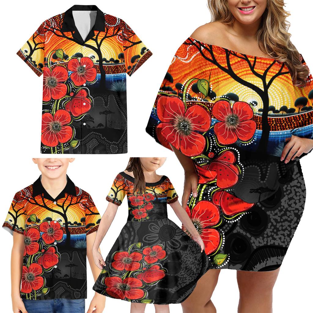 ANZAC Day Australia Poppy Flower Family Matching Off Shoulder Short Dress and Hawaiian Shirt Aboriginal Style