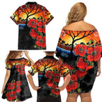 ANZAC Day Australia Poppy Flower Family Matching Off Shoulder Short Dress and Hawaiian Shirt Aboriginal Style