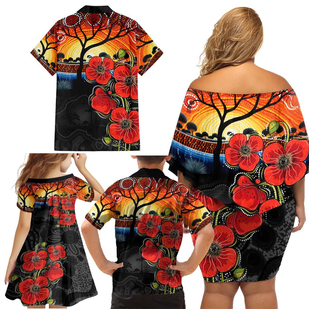 ANZAC Day Australia Poppy Flower Family Matching Off Shoulder Short Dress and Hawaiian Shirt Aboriginal Style