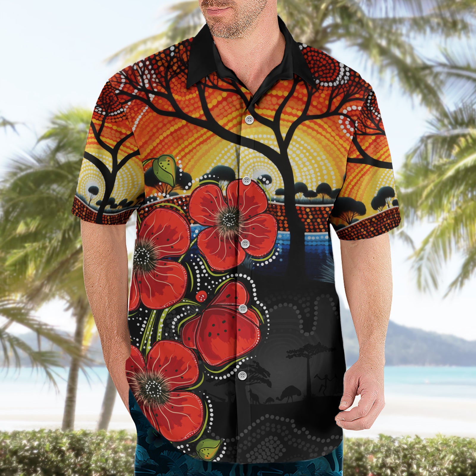 ANZAC Day Australia Poppy Flower Hawaiian Shirt Aboriginal Style