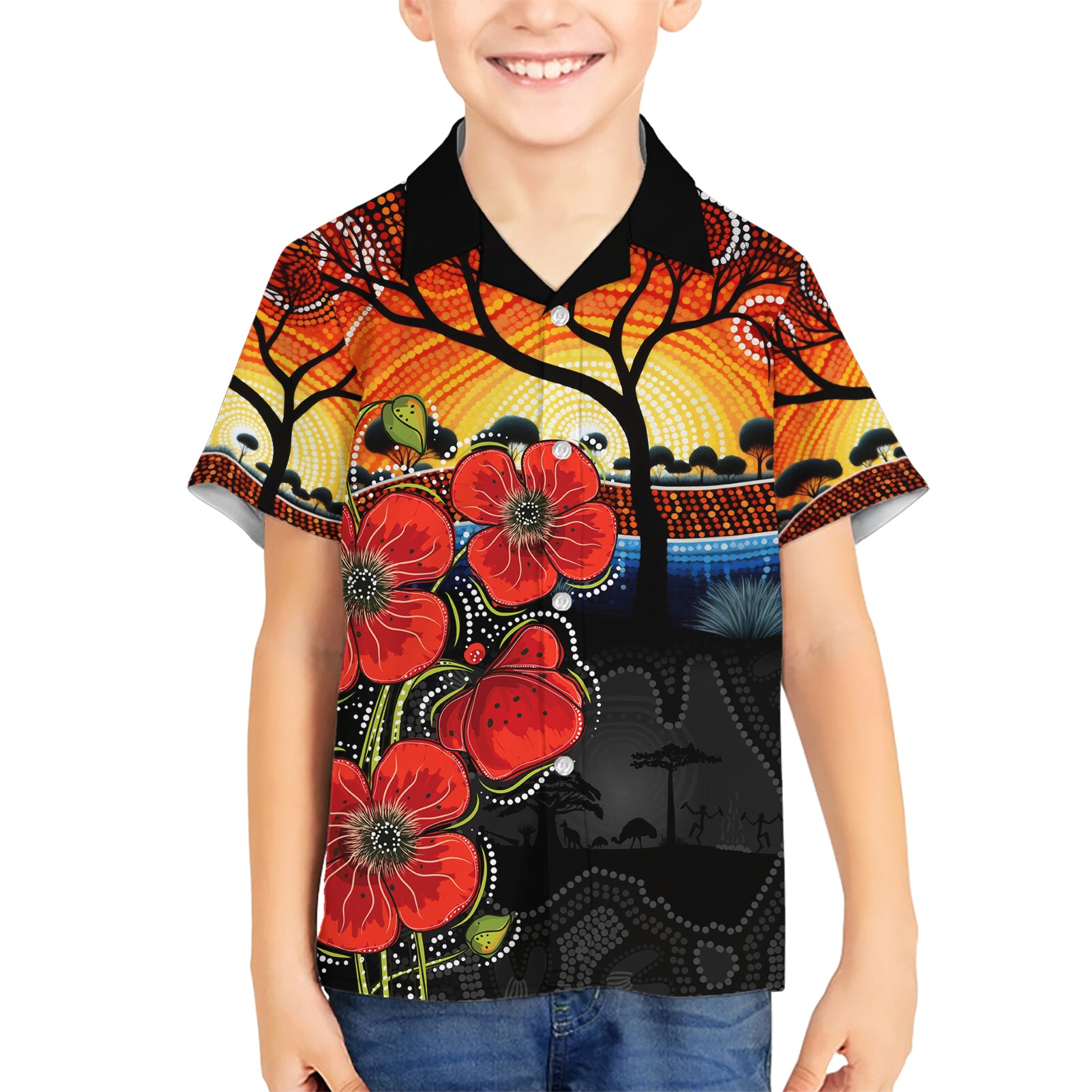 ANZAC Day Australia Poppy Flower Hawaiian Shirt Aboriginal Style