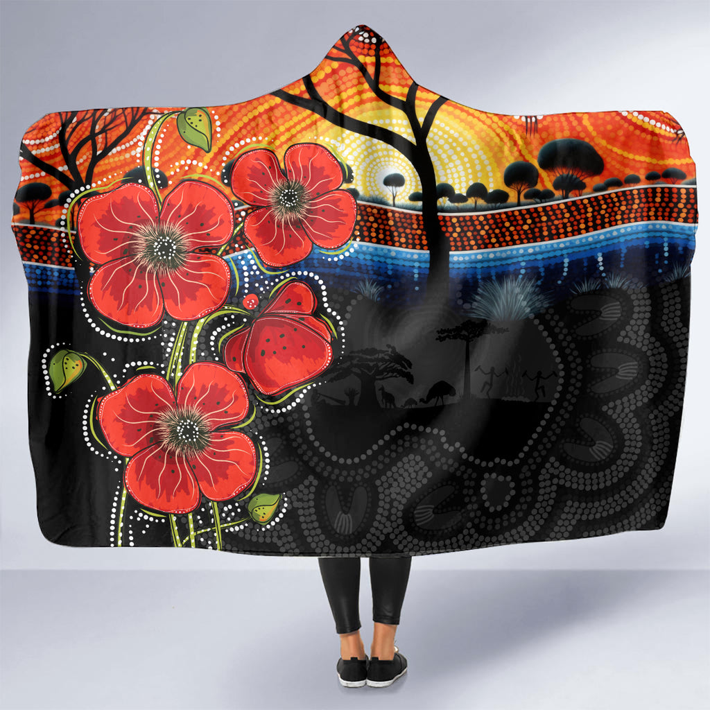 ANZAC Day Australia Poppy Flower Hooded Blanket Aboriginal Style