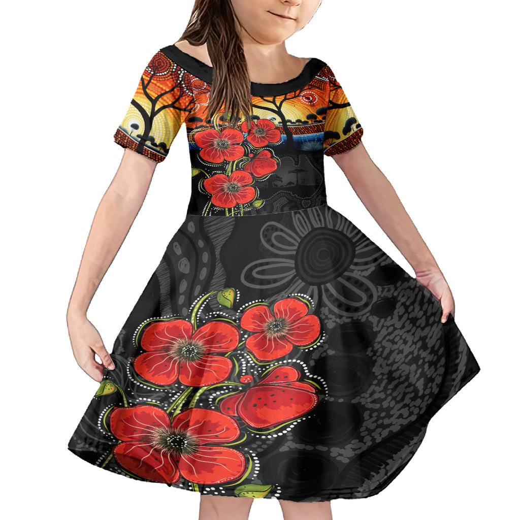 ANZAC Day Australia Poppy Flower Kid Short Sleeve Dress Aboriginal Style