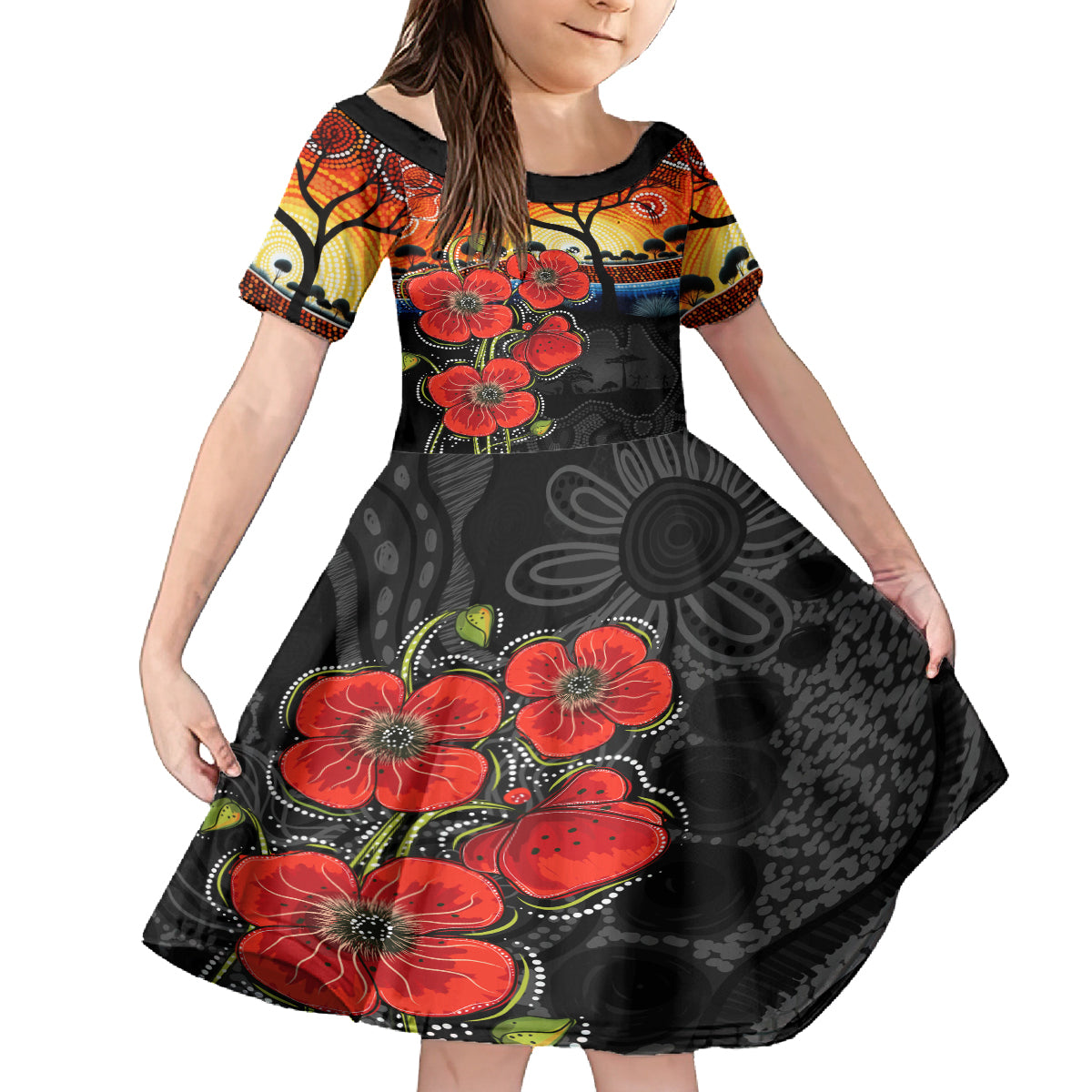 ANZAC Day Australia Poppy Flower Kid Short Sleeve Dress Aboriginal Style