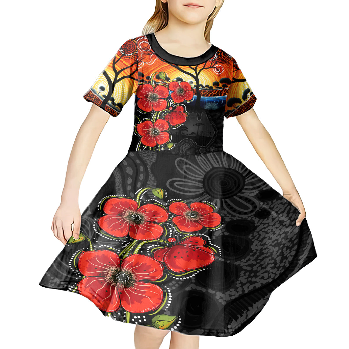ANZAC Day Australia Poppy Flower Kid Short Sleeve Dress Aboriginal Style