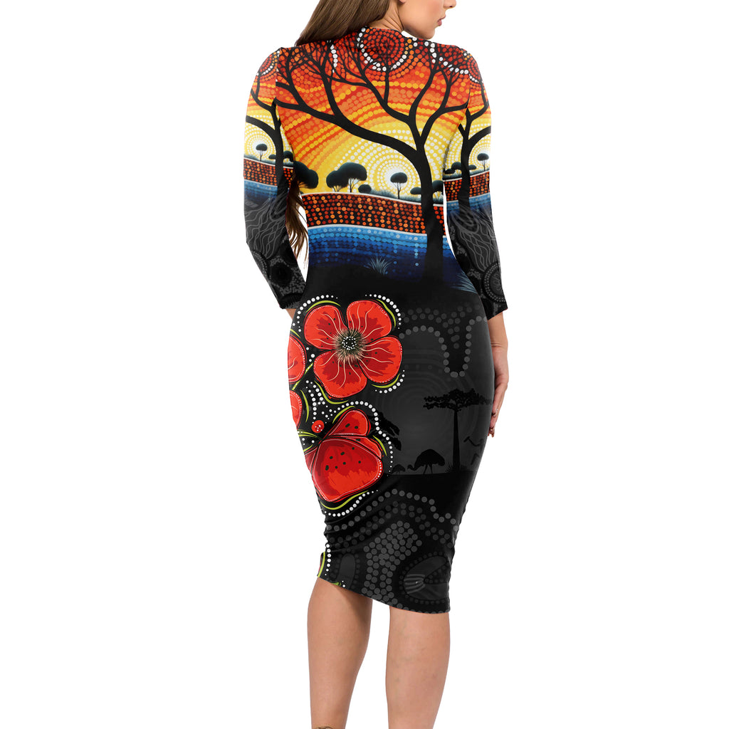 ANZAC Day Australia Poppy Flower Long Sleeve Bodycon Dress Aboriginal Style