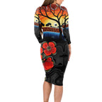 ANZAC Day Australia Poppy Flower Long Sleeve Bodycon Dress Aboriginal Style