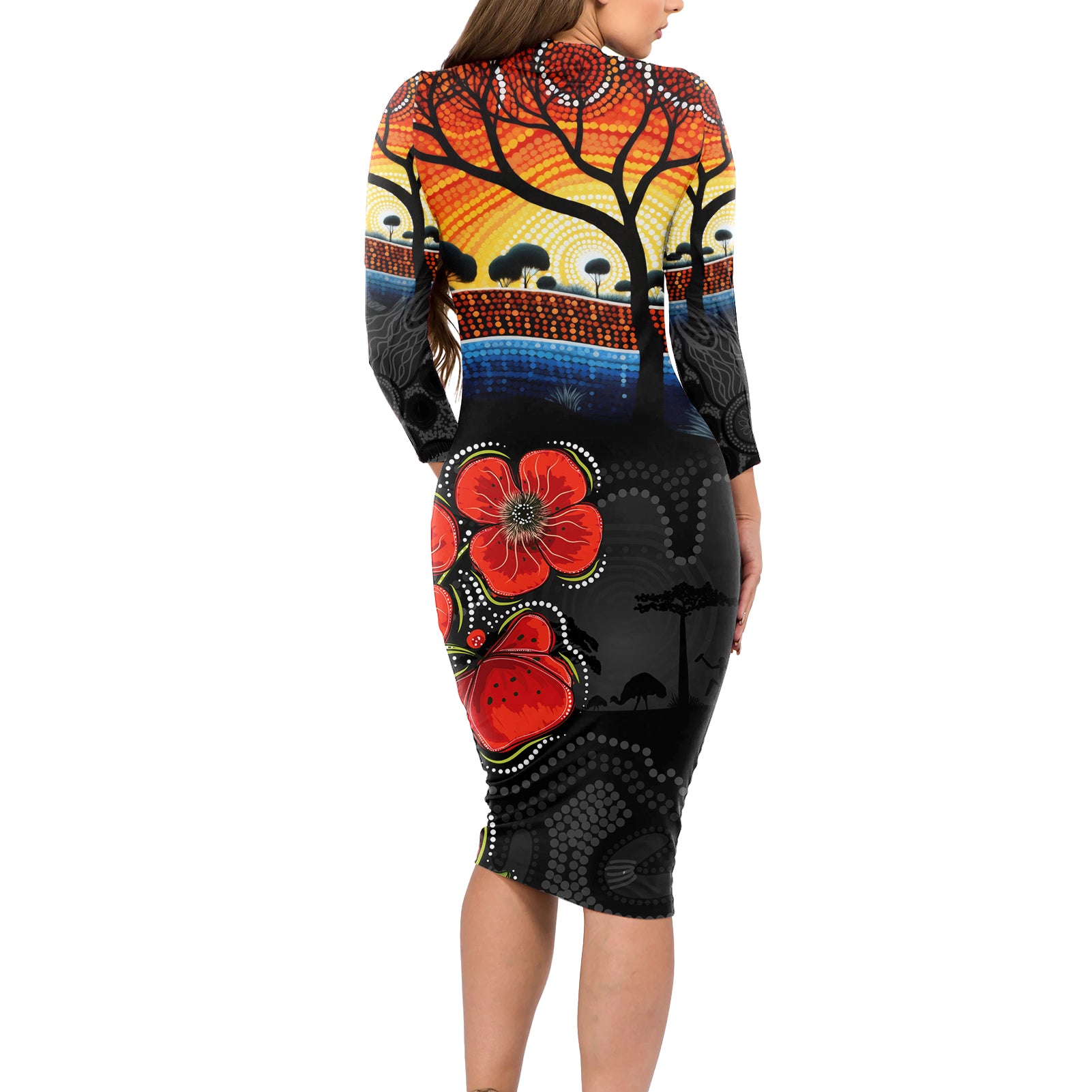 ANZAC Day Australia Poppy Flower Long Sleeve Bodycon Dress Aboriginal Style