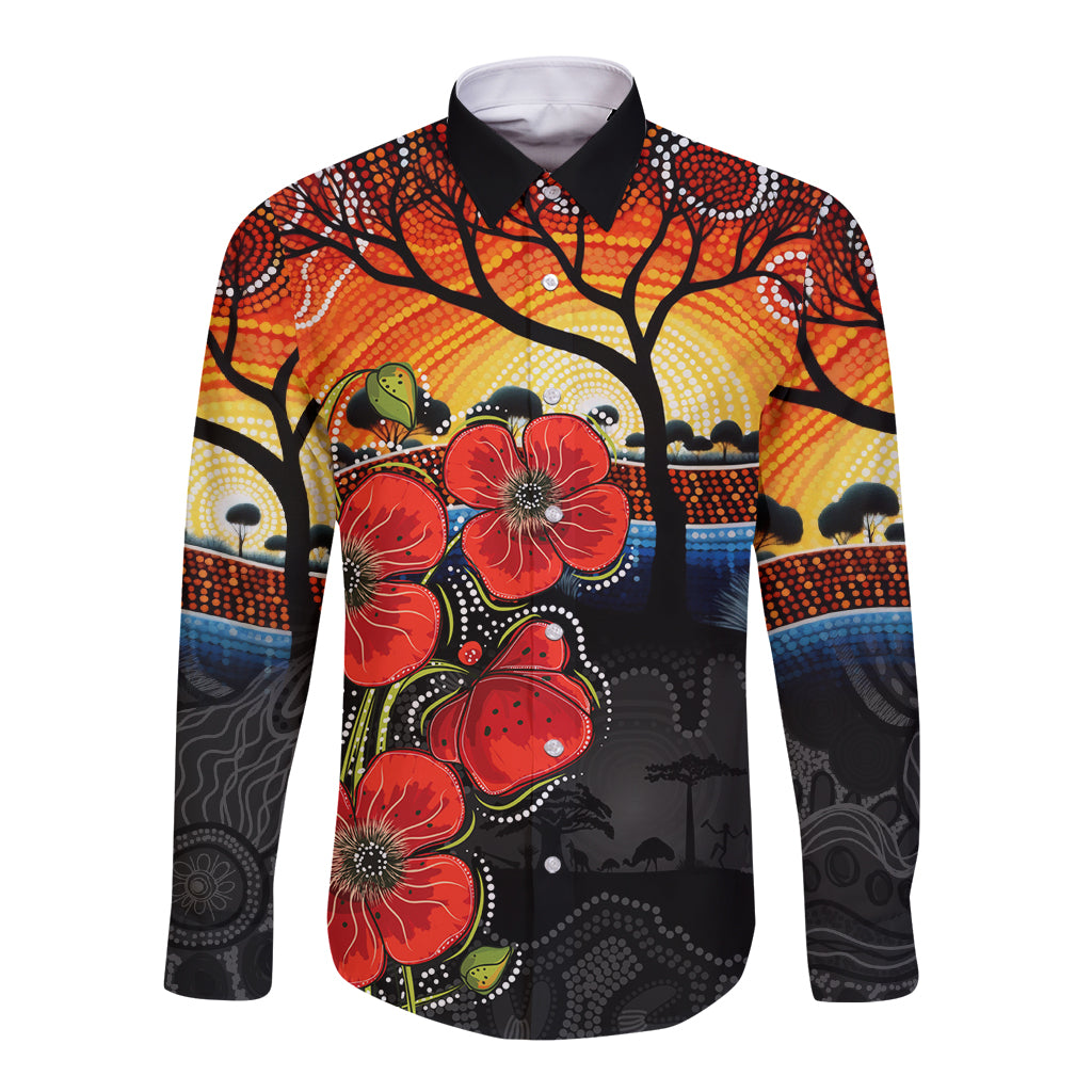 ANZAC Day Australia Poppy Flower Long Sleeve Button Shirt Aboriginal Style
