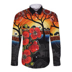 ANZAC Day Australia Poppy Flower Long Sleeve Button Shirt Aboriginal Style