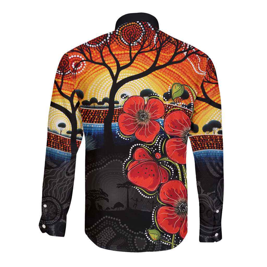 ANZAC Day Australia Poppy Flower Long Sleeve Button Shirt Aboriginal Style