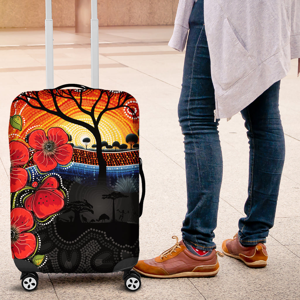 ANZAC Day Australia Poppy Flower Luggage Cover Aboriginal Style