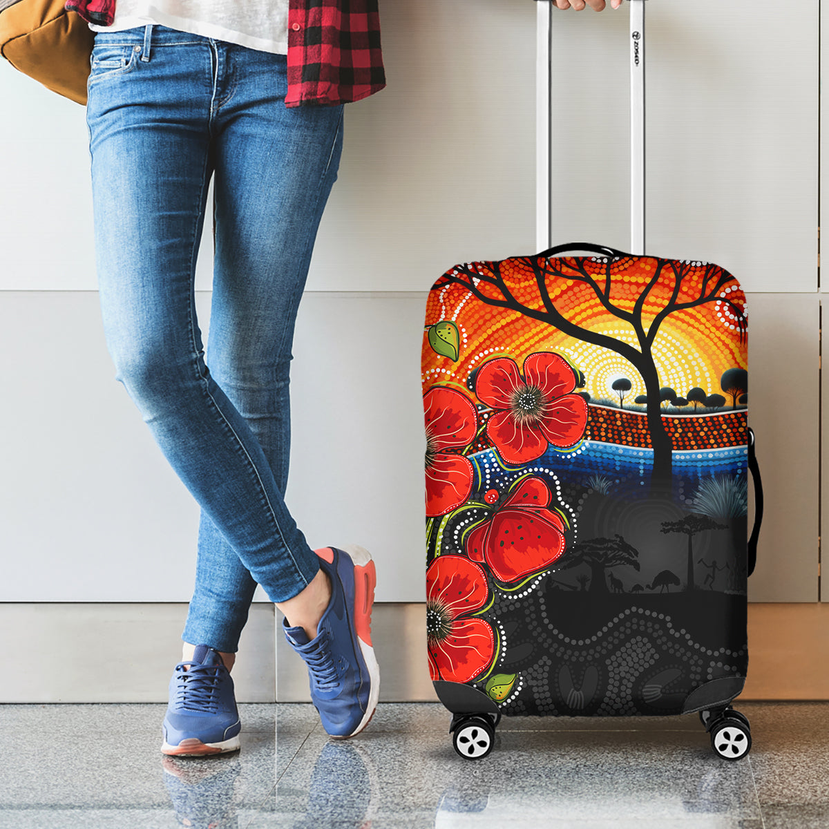 ANZAC Day Australia Poppy Flower Luggage Cover Aboriginal Style