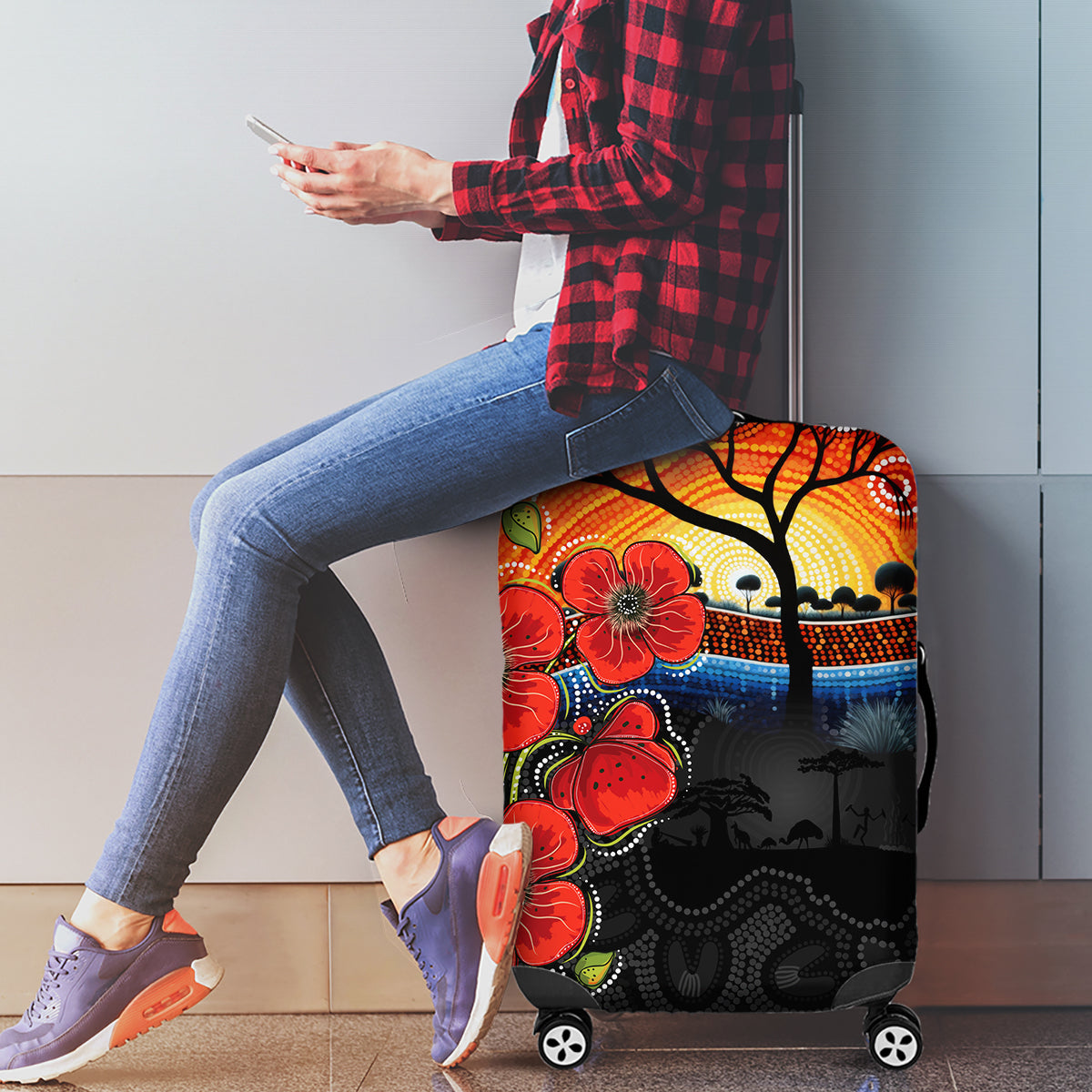 ANZAC Day Australia Poppy Flower Luggage Cover Aboriginal Style