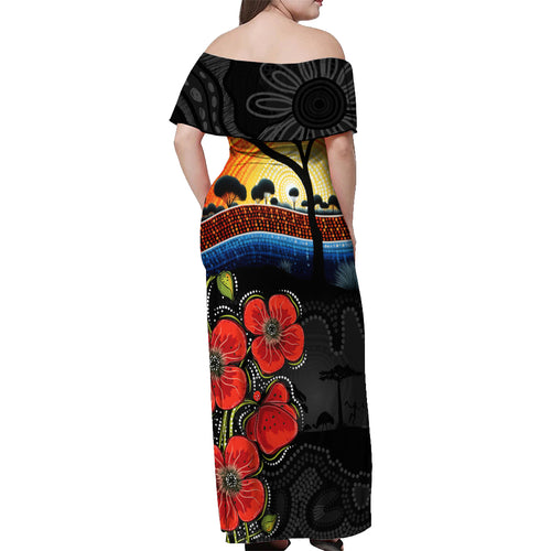ANZAC Day Australia Poppy Flower Off Shoulder Maxi Dress Aboriginal Style