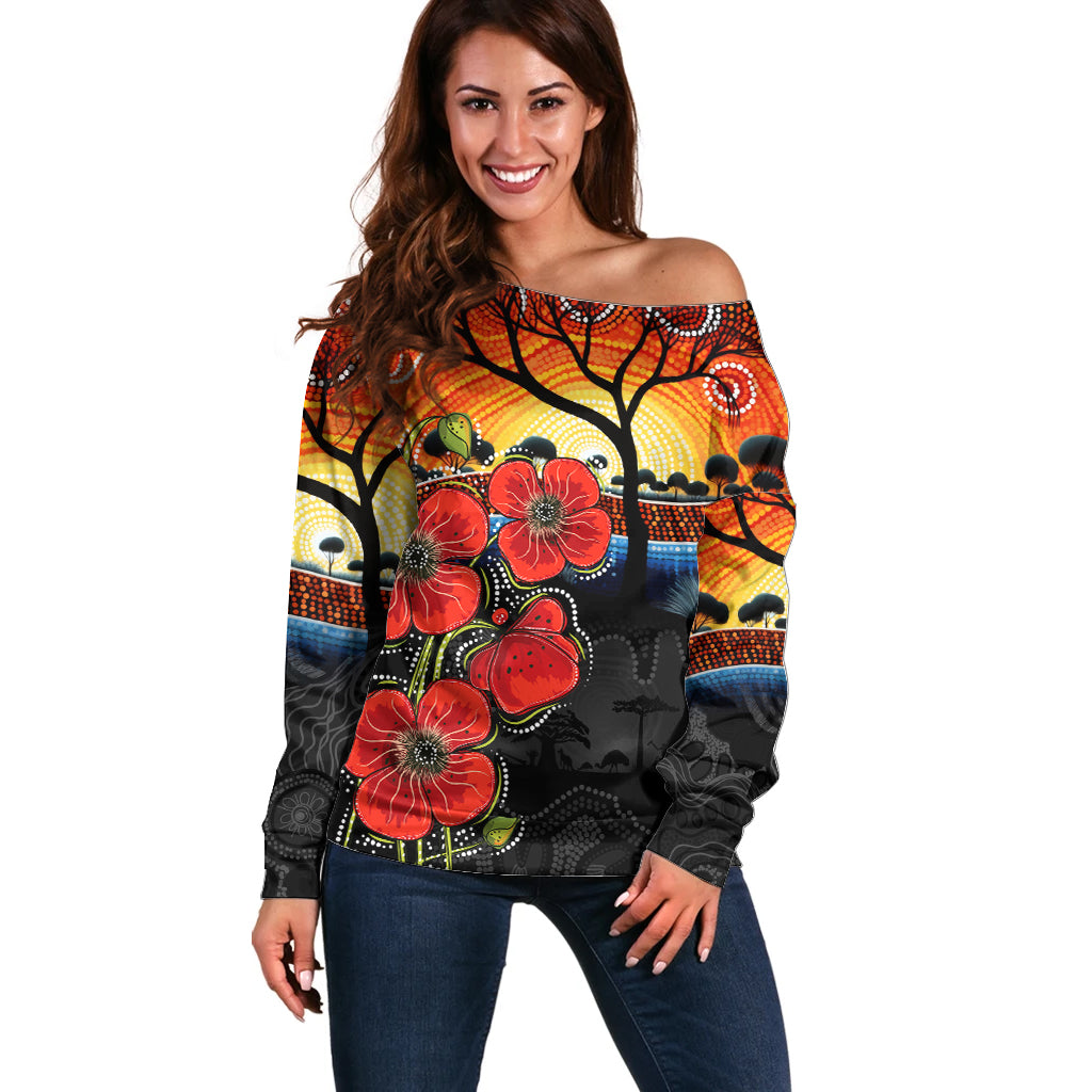 ANZAC Day Australia Poppy Flower Off Shoulder Sweater Aboriginal Style