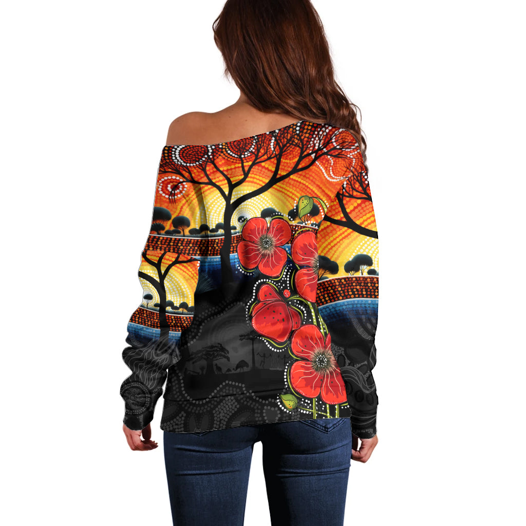 ANZAC Day Australia Poppy Flower Off Shoulder Sweater Aboriginal Style